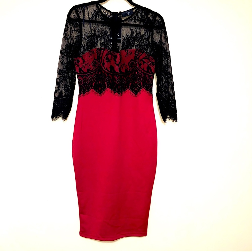 AX Paris Knee Length Red and Black Lace Dress